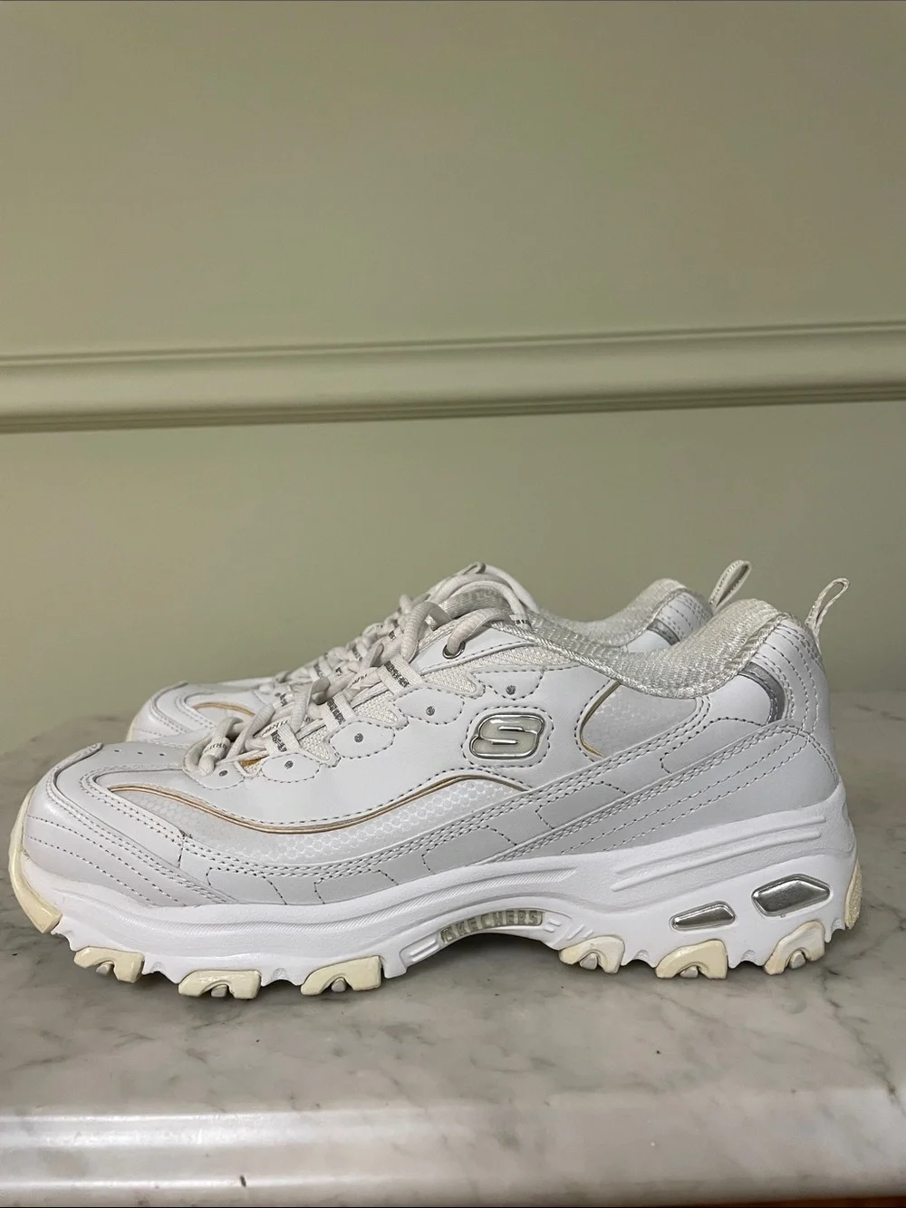 Skechers White Leather Lace-Up Sneakers with Cream Accents
